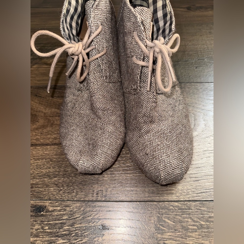 TOMS Women's Desert Wedge Ankle Booties Grey Tweed Knit Canvas Lace Up,Size 9.5 - Picture 3 of 7